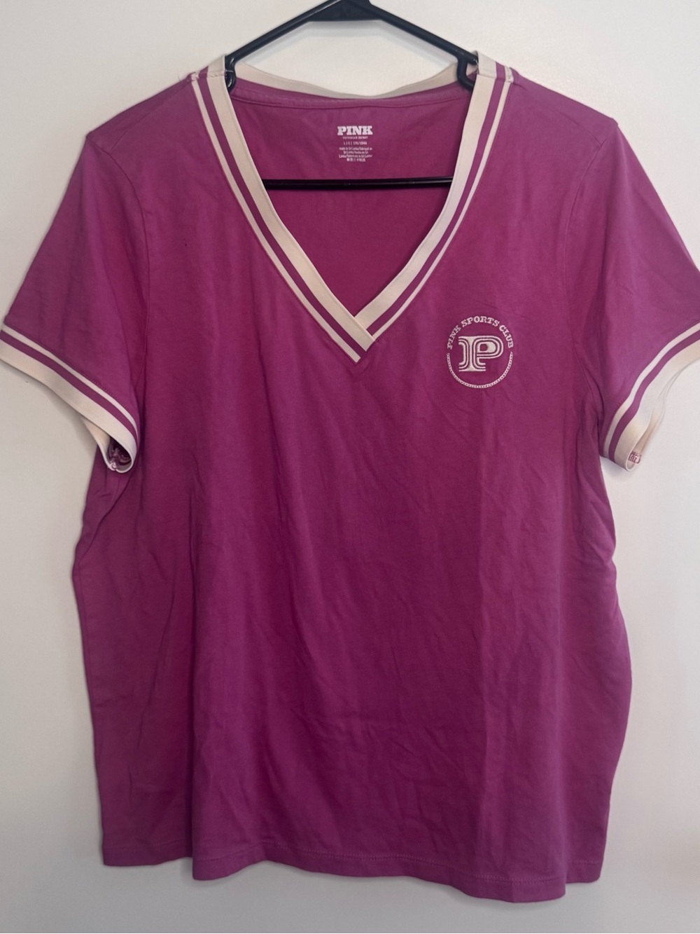 PINK Victoria's Secret Raspberry V-neck Tee with Cream Trim Size Large
